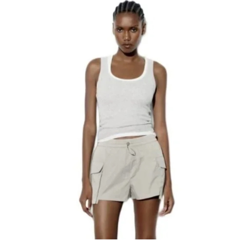 Zara Tan Cargo Nylon Drawstring Shorts Relaxed Fit